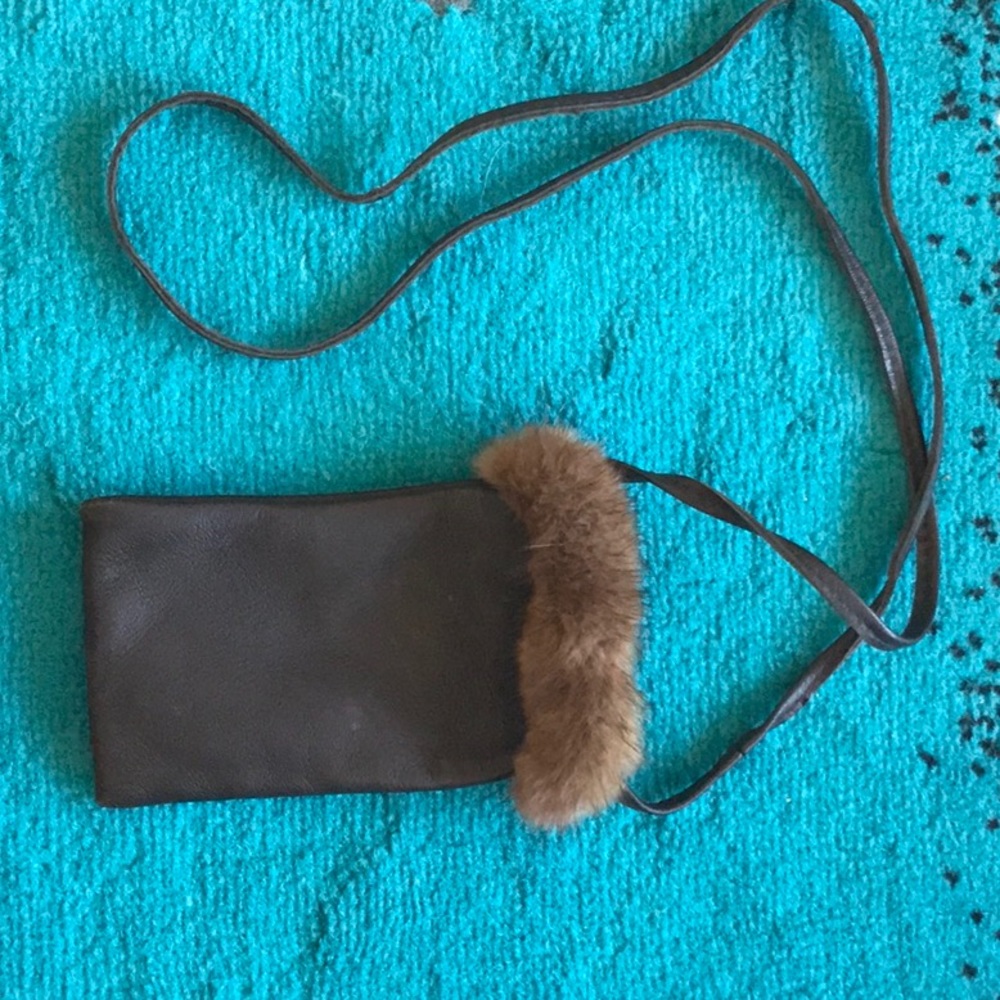 Super sweet chocolate brown leather pouch w/ real mink flap.